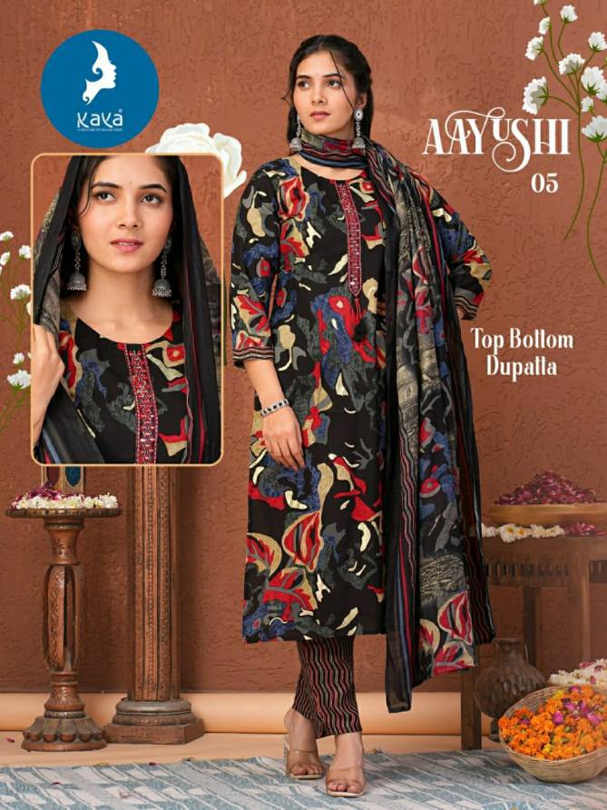 Aayushi By Kaya Rayon Foil Printed Kurti With Bottom Dupatta Wholesale Clothing Suppliers In India
